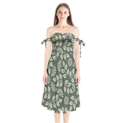 Flowers Pattern Spring Green Shoulder Tie Bardot Midi Dress by Bajindul