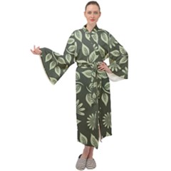 Flowers Pattern Spring Green Maxi Tie Front Velour Kimono