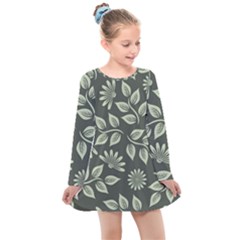 Flowers Pattern Spring Green Kids  Long Sleeve Dress by Bajindul