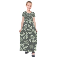 Flowers Pattern Spring Green Kids  Short Sleeve Maxi Dress by Bajindul