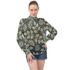 Flowers Pattern Spring Green High Neck Long Sleeve Chiffon Top