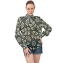 Flowers Pattern Spring Green High Neck Long Sleeve Chiffon Top View1