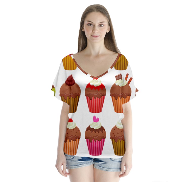 Chocolate Cake Muffin V-Neck Flutter Sleeve Top