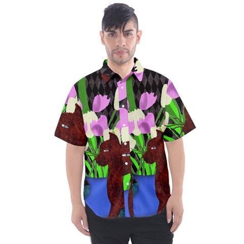 The Cat And The Tulips Men s Short Sleeve Shirt by bloomingvinedesign