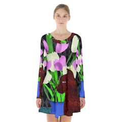 The Cat And The Tulips Long Sleeve Velvet V-neck Dress