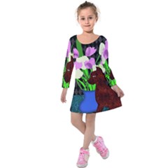 The Cat And The Tulips Kids  Long Sleeve Velvet Dress