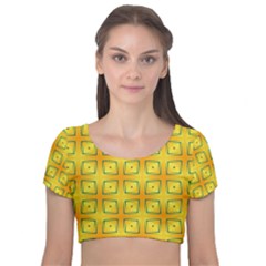 Green Plaid Gold Background Velvet Short Sleeve Crop Top 