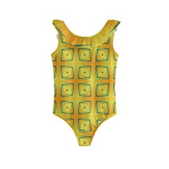 Green Plaid Gold Background Kids  Frill Swimsuit