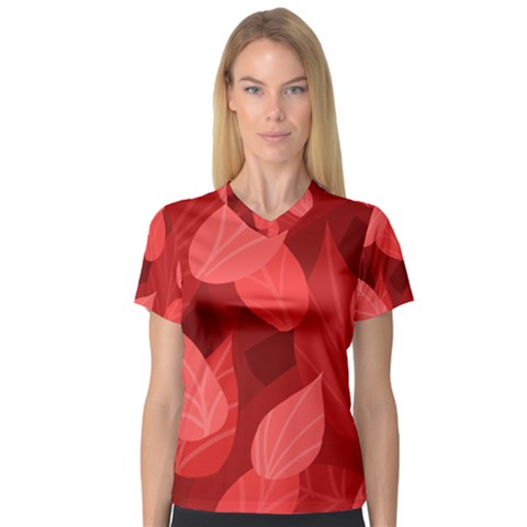 Leaf Design Leaf Background Red V-neck Sport Mesh Tee by Pakrebo