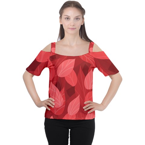 Leaf Design Leaf Background Red Cutout Shoulder Tee by Pakrebo