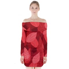 Leaf Design Leaf Background Red Long Sleeve Off Shoulder Dress by Pakrebo