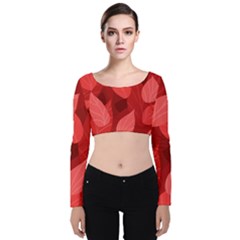 Leaf Design Leaf Background Red Velvet Long Sleeve Crop Top by Pakrebo