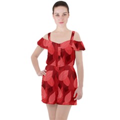 Leaf Design Leaf Background Red Ruffle Cut Out Chiffon Playsuit by Pakrebo