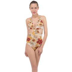 Flower Vector Background Halter Front Plunge Swimsuit by Pakrebo