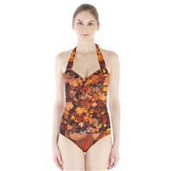 Fall Foliage Autumn Leaves October Halter Swimsuit by Pakrebo