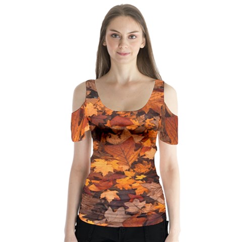 Fall Foliage Autumn Leaves October Butterfly Sleeve Cutout Tee  by Pakrebo