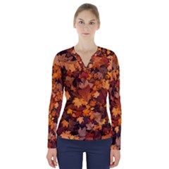 Fall Foliage Autumn Leaves October V-neck Long Sleeve Top by Pakrebo