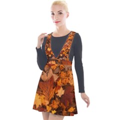 Fall Foliage Autumn Leaves October Plunge Pinafore Velour Dress by Pakrebo