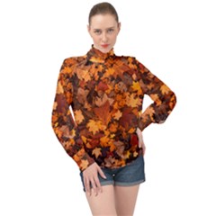 Fall Foliage Autumn Leaves October High Neck Long Sleeve Chiffon Top by Pakrebo