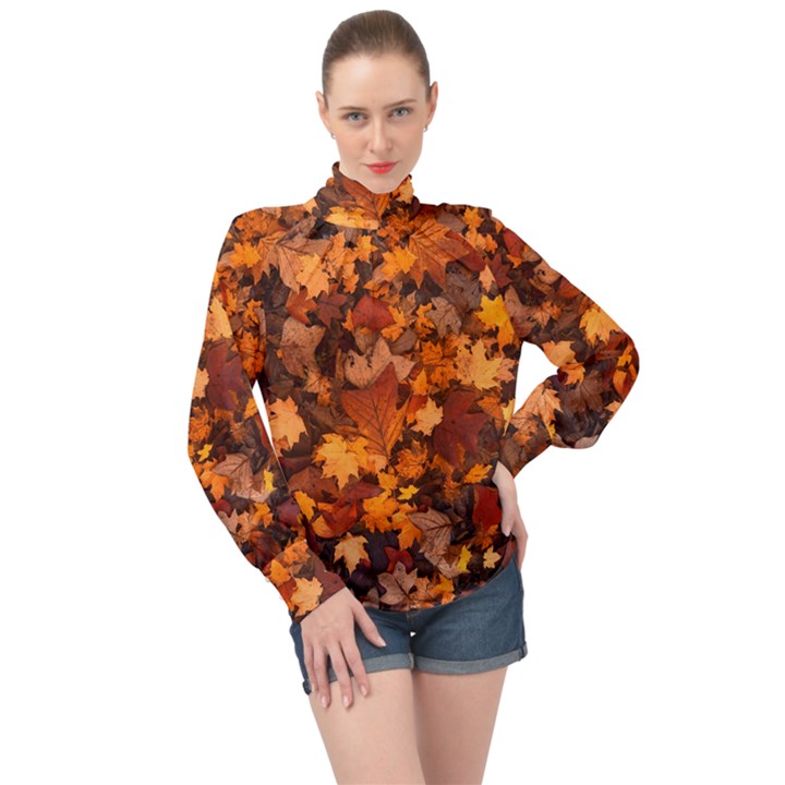 Fall Foliage Autumn Leaves October High Neck Long Sleeve Chiffon Top