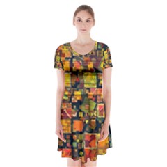 Color Abstract Artifact Pixel Short Sleeve V-neck Flare Dress