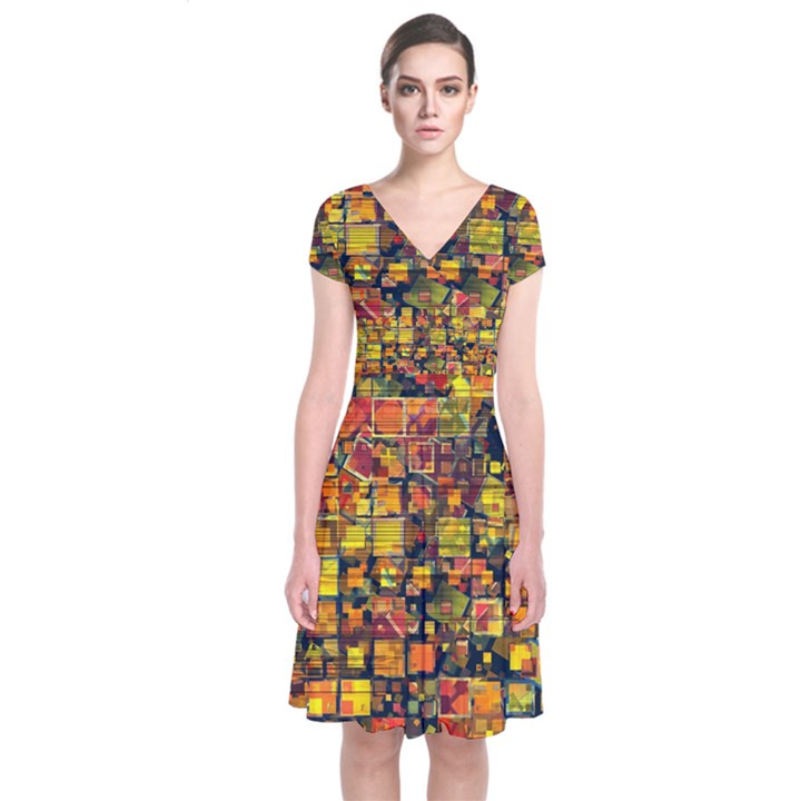 Color Abstract Artifact Pixel Short Sleeve Front Wrap Dress