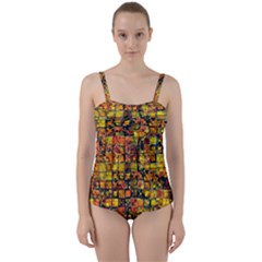 Color Abstract Artifact Pixel Twist Front Tankini Set by Pakrebo