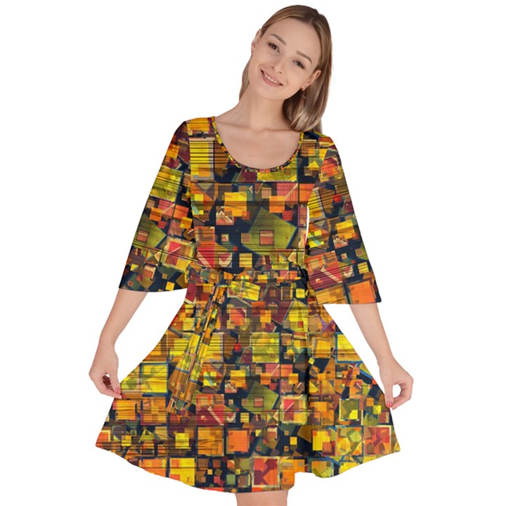 Color Abstract Artifact Pixel Velour Kimono Dress