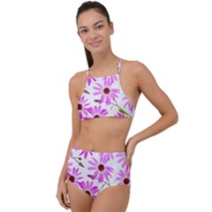 Pink Purple Daisies Design Flowers High Waist Tankini Set by Pakrebo