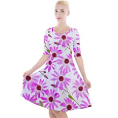 Pink Purple Daisies Design Flowers Quarter Sleeve A-line Dress by Pakrebo