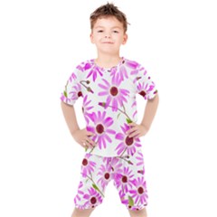 Pink Purple Daisies Design Flowers Kids  Tee And Shorts Set by Pakrebo