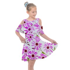 Pink Purple Daisies Design Flowers Kids  Shoulder Cutout Chiffon Dress by Pakrebo