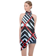 Model Abstract Texture Geometric Halter Asymmetric Satin Top by Pakrebo