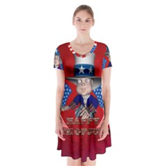 Happy 4th Of July Short Sleeve V-neck Flare Dress by FantasyWorld7