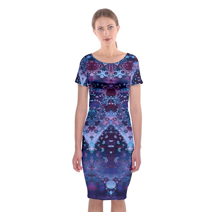 Blue Elegance Elaborate Fractal Fashion Classic Short Sleeve Midi Dress