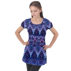 Blue Elegance Elaborate Fractal Fashion Puff Sleeve Tunic Top by KirstenStar