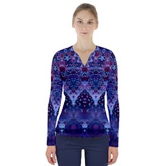 Blue Elegance Elaborate Fractal Fashion V-neck Long Sleeve Top by KirstenStar