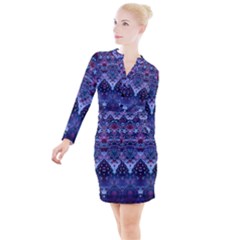 Blue Elegance Elaborate Fractal Fashion Button Long Sleeve Dress by KirstenStar