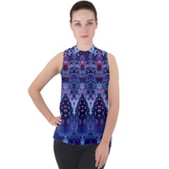 Blue Elegance Elaborate Fractal Fashion Mock Neck Chiffon Sleeveless Top by KirstenStar