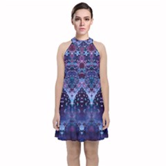 Blue Elegance Elaborate Fractal Fashion Velvet Halter Neckline Dress 