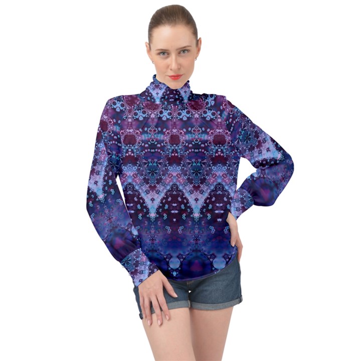 Blue Elegance Elaborate Fractal Fashion High Neck Long Sleeve Chiffon Top