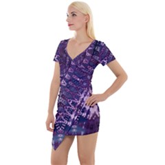 Purple Fractal Lace V Shape Short Sleeve Asymmetric Mini Dress by KirstenStar