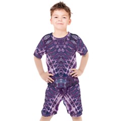 Purple Fractal Lace V Shape Kids  Tee And Shorts Set by KirstenStar