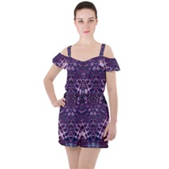 Purple Fractal Lace V Shape Ruffle Cut Out Chiffon Playsuit by KirstenStar