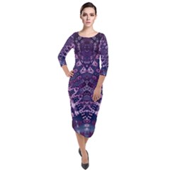 Purple Fractal Lace V Shape Quarter Sleeve Midi Velour Bodycon Dress by KirstenStar