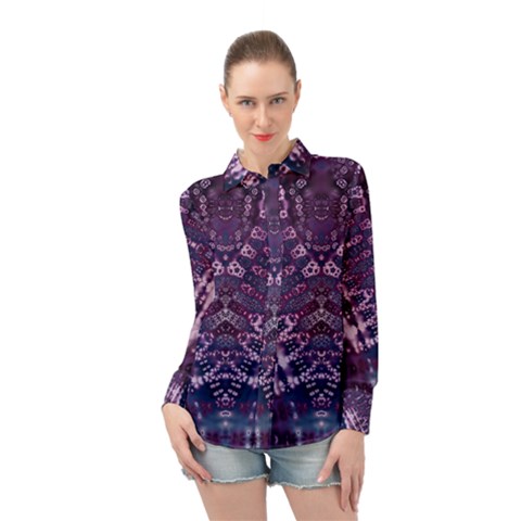 Purple Fractal Lace V Shape Long Sleeve Chiffon Shirt by KirstenStar