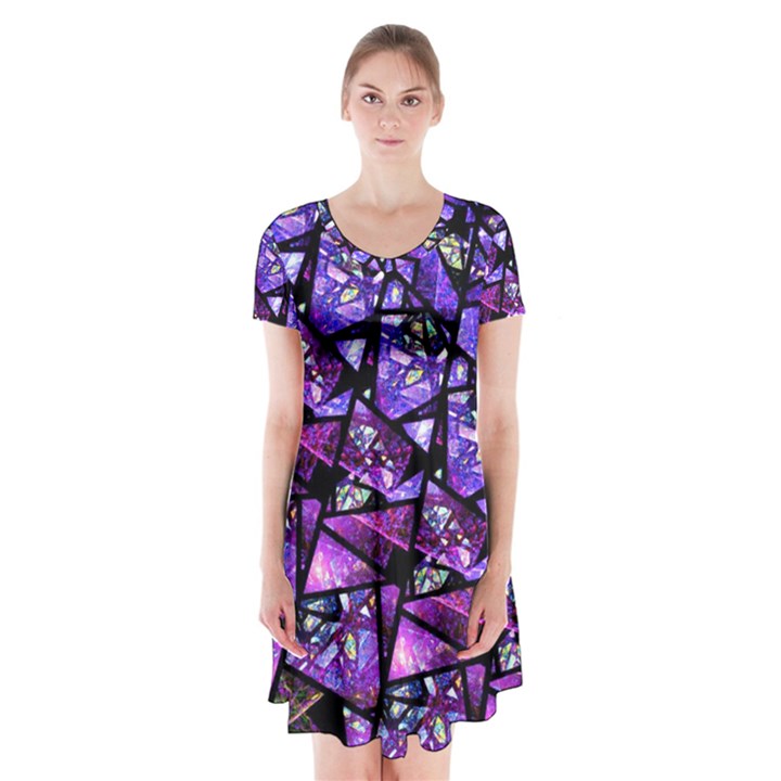  Blue purple Shattered Glass Short Sleeve V-neck Flare Dress