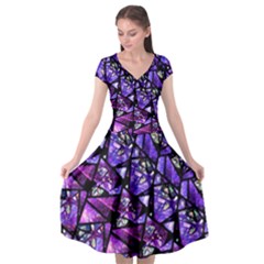  Blue Purple Shattered Glass Cap Sleeve Wrap Front Dress