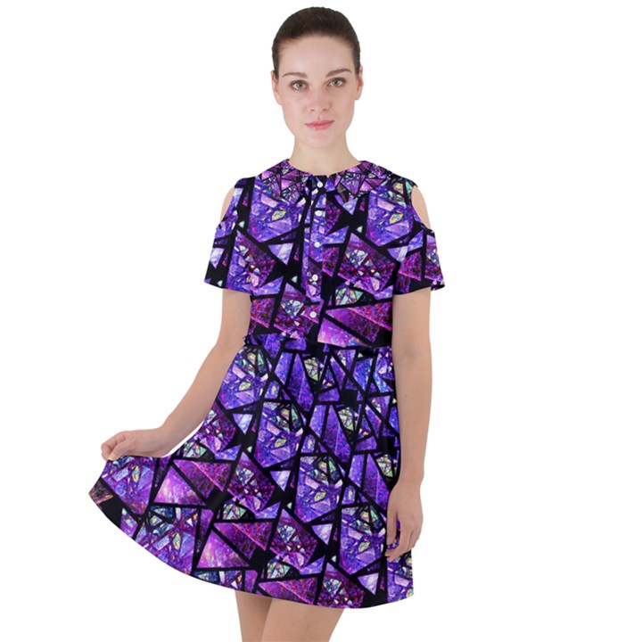  Blue purple Shattered Glass Short Sleeve Shoulder Cut Out Dress 