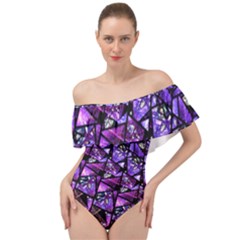  Blue Purple Shattered Glass Off Shoulder Velour Bodysuit 